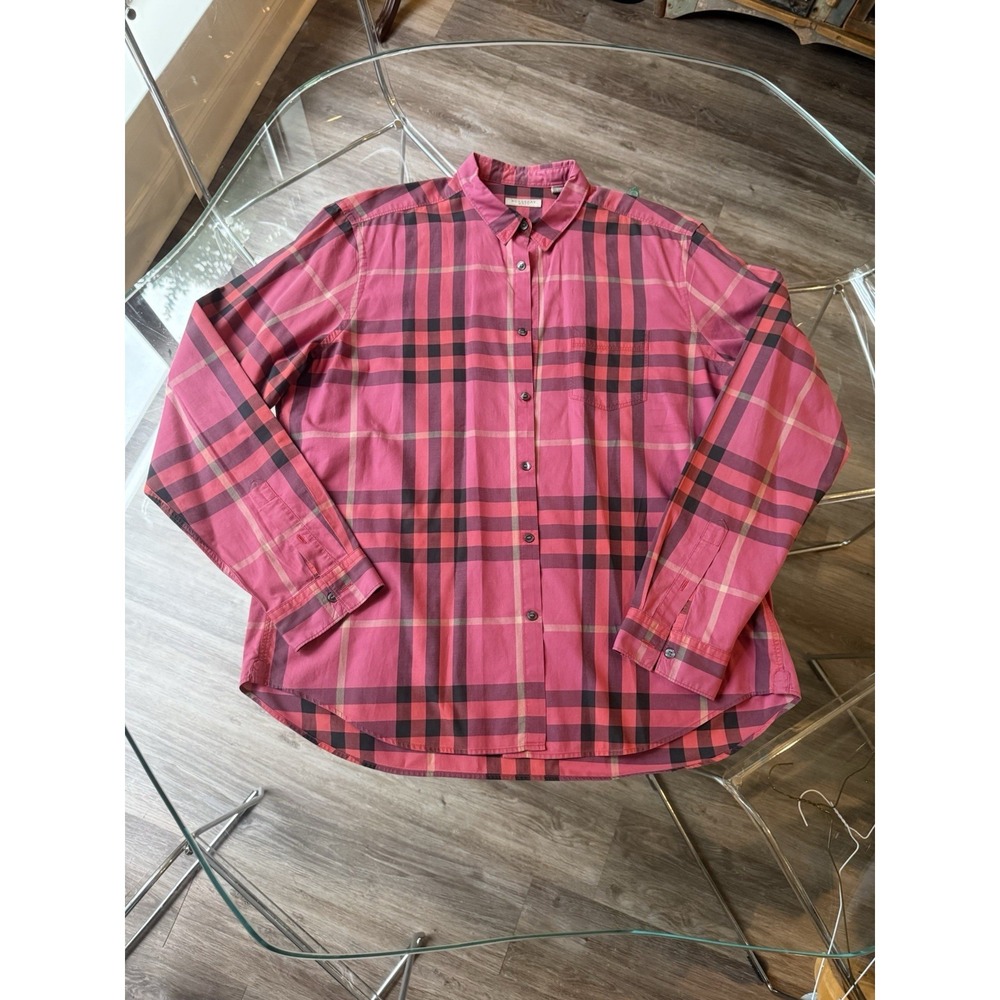 Burberry Brit Men's Burgundy Red Nova Check Cotton Button Shirt Size Large